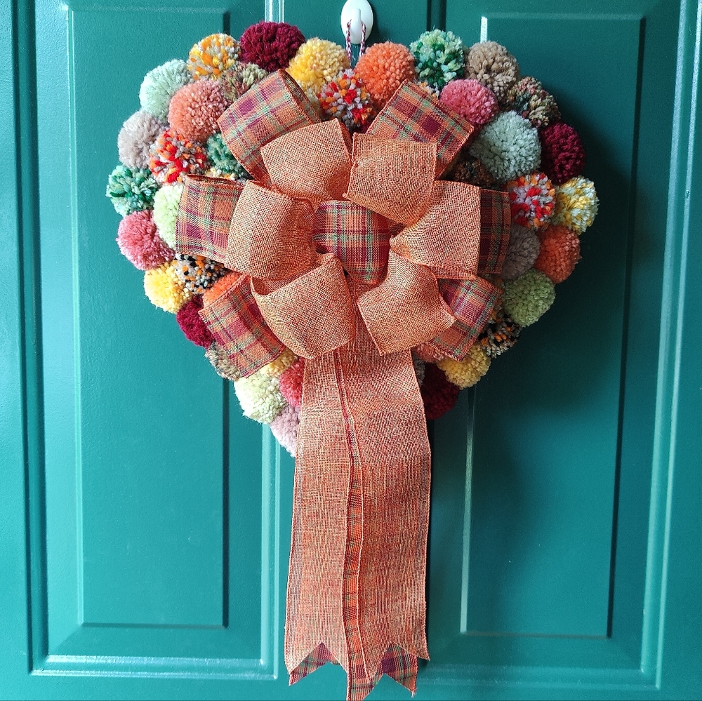Handmade Boho Fall Colors Heart Pom Pom Door / Wall Wreath